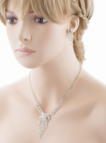 Bridal Wedding Jewelry Set Necklace Earring Crystal Rhinestone Tassel Silver