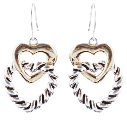 Duo Tone Double Hearts Link Drop Earring Gold Silver