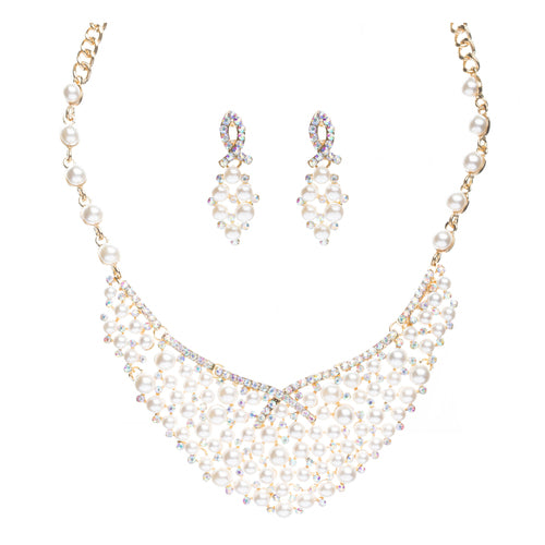 Bridal Wedding Jewelry Set Crystal Rhinestone Pearl Stunning Bib Gold Cream AB
