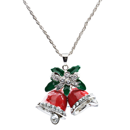 Christmas Jewelry Happy Holiday Spirit Crystal Red Bells Ribbon Charm Necklace
