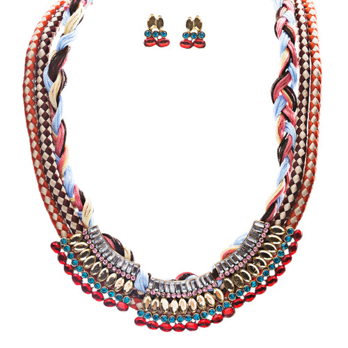 Tribal Fashion Crystal Rhinestone Fancy Braided Colorful Necklace JN225 Red