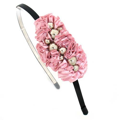 Silver Balls on Pleated Satin Ribbon Pink Headband