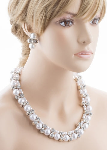 Bridal Wedding Jewelry Crystal Rhinestone Elegant Faux Pearl Necklace J543 White