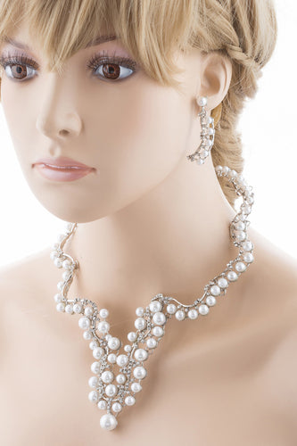 Bridal Wedding Jewelry Set Crystal Pearl Chunky V Drop Swirl Necklace Silver