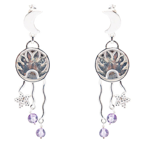 925 Sterling Silver Gemstones Natural Amethyst Dangle Earrings FJSE2139