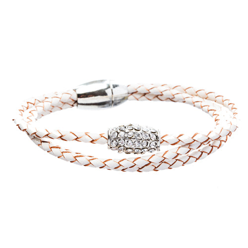 Braided Leather Pave Crystal Magnetic Closure Triple Rows Wrap Bracelet White