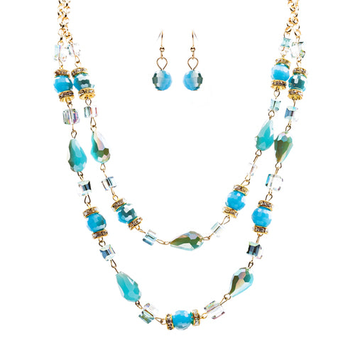 Beautiful Fashion Beads Double Layered Design Statement Necklace Set Blue