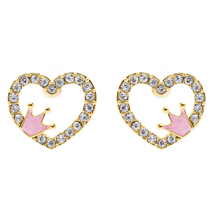 Sparkle Heart Shape with Crown Fashion Medium Stud Earrings Valentine Love Gold