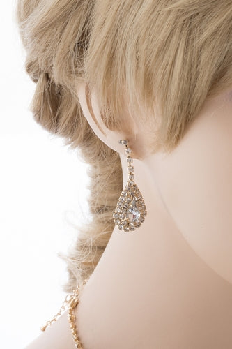 Bridal Wedding Jewelry Set Crystal Rhinestone V Teardrop Necklace Gold