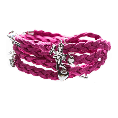 Beautiful Braided Suede Faux Leather Dangle Charms Fashion Wrap Bracelet Pink