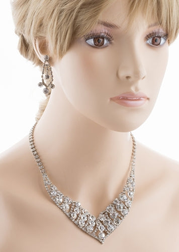 Bridal Wedding Jewelry Set Crystal Rhinestone Bubbly V Drop Necklace