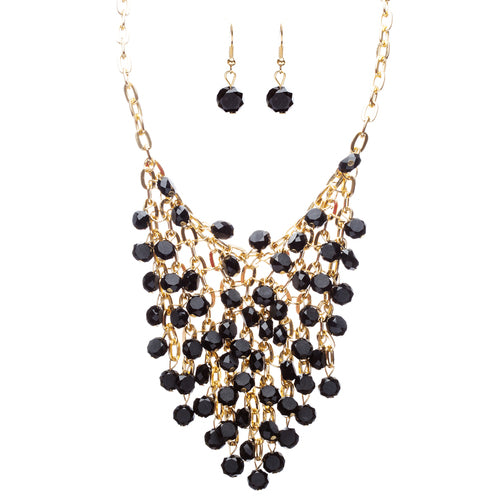 Beautiful Multi Layered Bib Design Bead Stone Statement Necklace Set Black