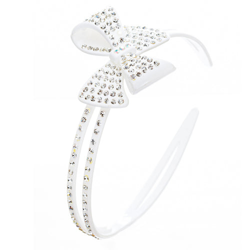 Fashion Sparkle Crystal Rhinestone Beautiful Ribbon Bow Design Headband White - Accessoriesforever
