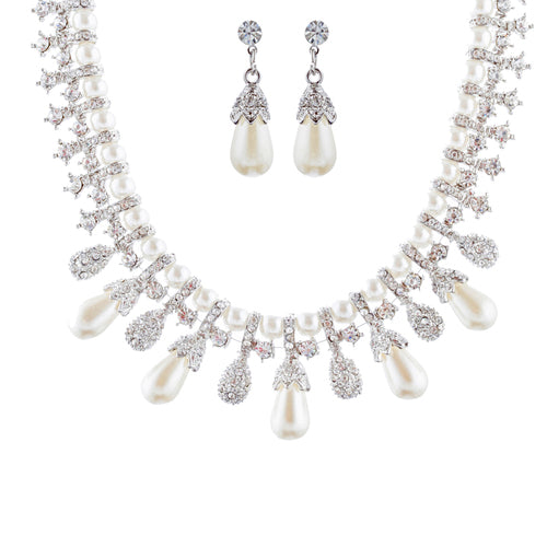 Bridal Wedding Jewelry Set Necklace Crystal TD Pearl Bib Choker Design Silver