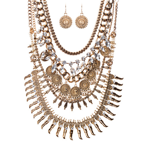 Statement Urban Chic Stylish Design Bead Crystal Rhinestone Necklace Set Gold
