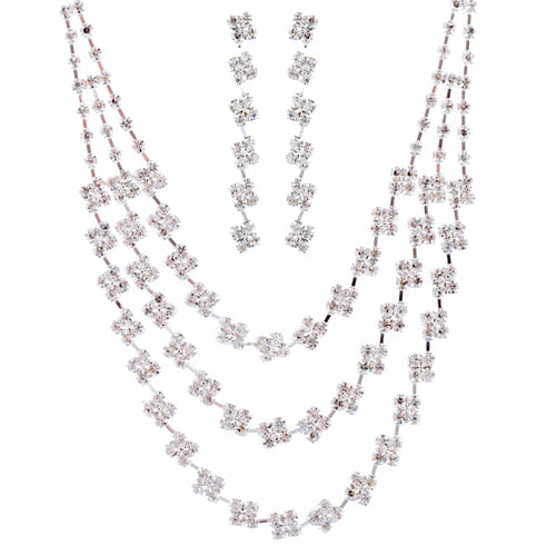 Bridal Wedding Jewelry Crystal Rhinestone Layered Links Necklace Set J664 Silver