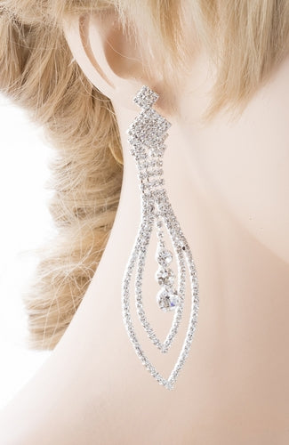 Bridal Wedding Jewelry Crystal Rhinestone Navette Linear Dangle Earrings Silver