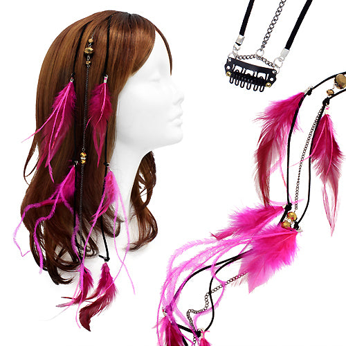 Feather Beaded Hair Extension Mini Hair Clip Comb Leather Cord Fuchsia Pink - Accessoriesforever