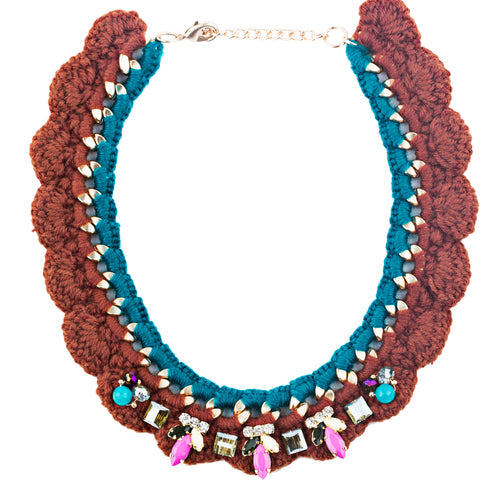 Gorgeous Style Crystal Formica Knitted Design Statement Jewelry Necklace Brown