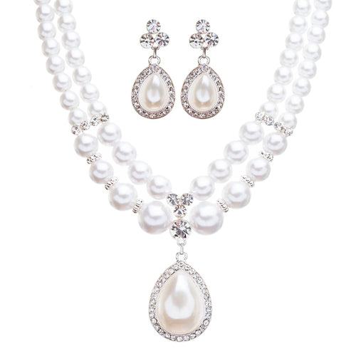 Bridal Wedding Jewelry Crystal Rhinestone Double Strand Pearl Classic Necklace