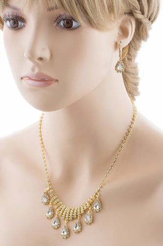 Bridal Wedding Jewelry Set Crystal Rhinestone Dangle Teardrop Necklace Gold J261