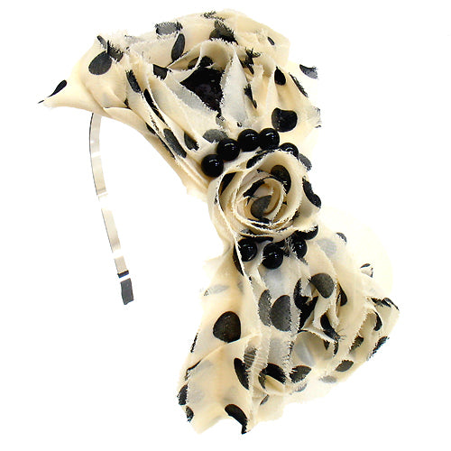 Sequin Beads Accented Polk Dots Big Bow Beige Headband