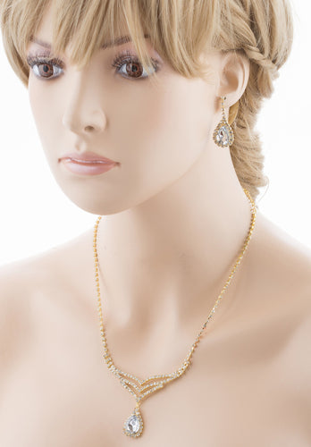 Bridal Wedding Jewelry Set Crystal Rhinestone Elegant TD V-Drop Necklace Gold