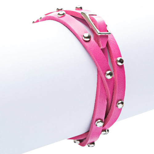 Fuschia Silver Stud Italian Calf Leather Wrap Bracelet