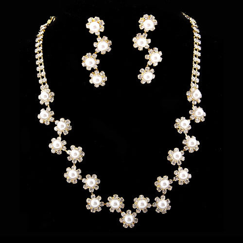 Bridal Wedding Jewelry Set  Necklace Earring Floral Rhinestone Pearls Gold