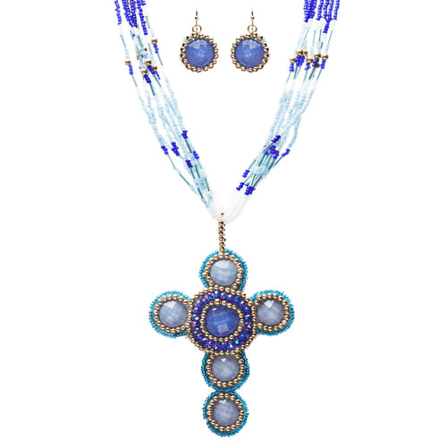 Cross Jewelry Traditional Design Beaded Necklace & Earrings Set JN245 Blue
