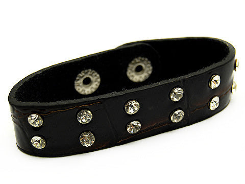 Crystal Studs Faux Alligator Leather Wristband Cuff Bracelet Snap Closure Brown