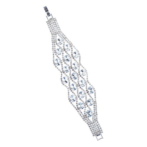Bridal Wedding Jewelry Crystal Rhinestone Dazzling Stone Wide Bracelet Silver - Accessoriesforever
