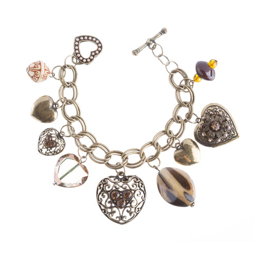 Beautiful Beads Heart Charm Design Link Fashion Bracelet Antique Gold