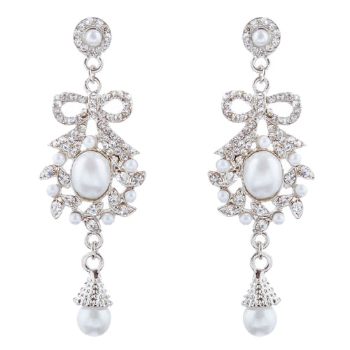 Bridal Wedding Jewelry Crystal Rhinestone Pearl Ribbon Bow Dangle Earrings White