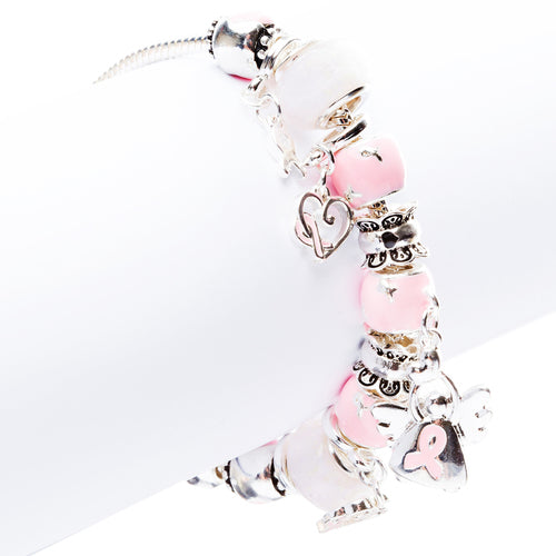 Pink Ribbon Jewelry Crystal Rhinestone Cute Dangling Link Bracelet B478 Silver
