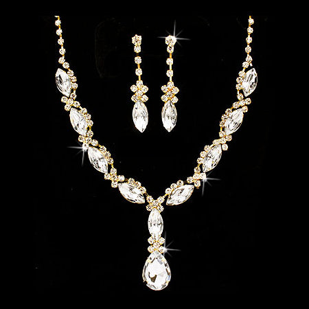 Bridal Wedding Jewelry Set Crystal Rhinestone Navette Cut Necklace Gold Clear