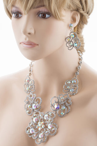 Bridal Wedding Jewelry Set Crystal Rhinestone Chunky Floral Necklace Silver AB