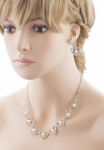 Bridal Wedding Jewelry Set Crystal Rhinestone Pearl Heart Link Necklace SV
