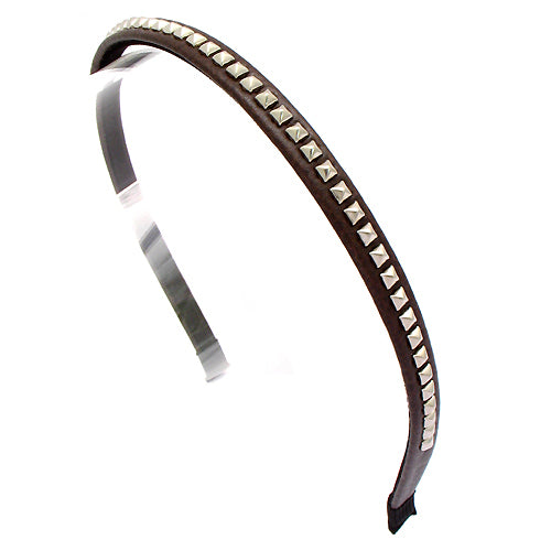 Square Silver Studded Leatherette Brown Headband