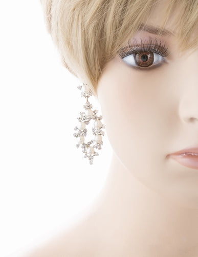 Bridal Wedding Jewelry Crystal Rhinestone Pearl Elegant Dangle Earrings Silver