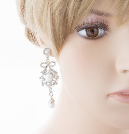 Bridal Wedding Jewelry Crystal Rhinestone Pearl Ribbon Bow Dangle Earrings White