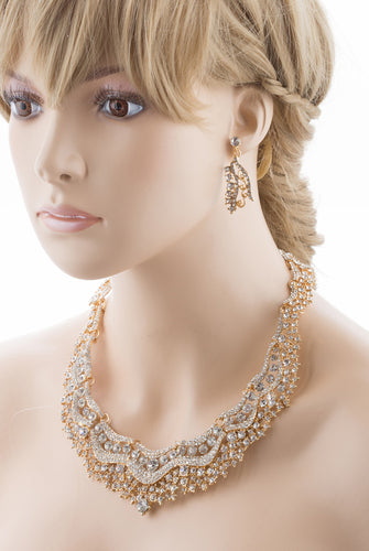 Bridal Wedding Jewelry Set Crystal Rhinestones Stunning Bib Necklace Gold