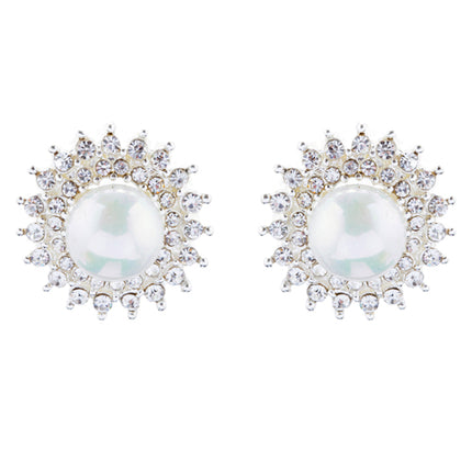 Bridal Wedding Jewelry Crystal Rhinestone Pearl Sunburst Earrings E1017 Silver