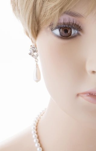 Bridal Wedding Jewelry Set Crystal Pearl Linear Teardrop Necklace