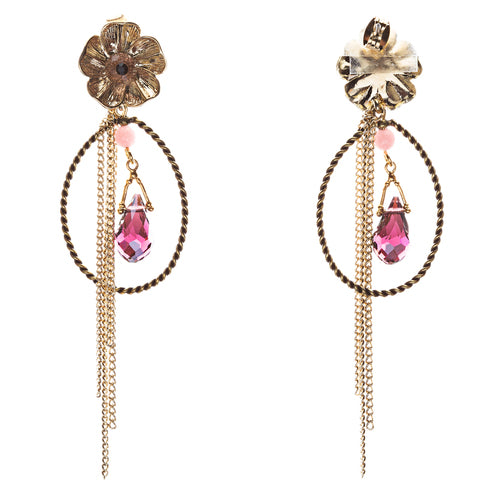 Semiprecious Flower & Chain Tear Drop Earrings Gold