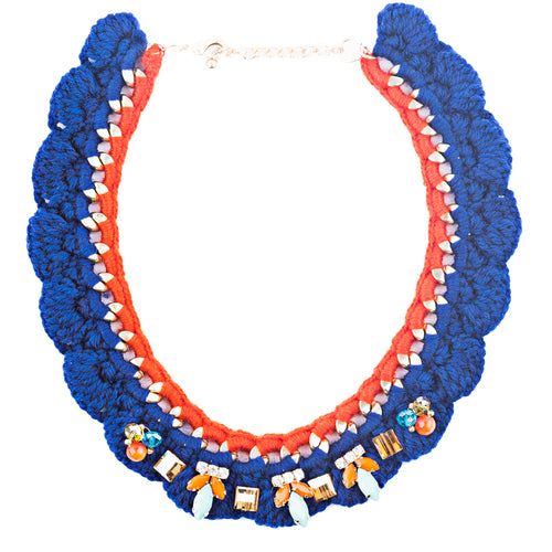 Gorgeous Style Crystal Formica Knitted Design Statement Jewelry Necklace Blue