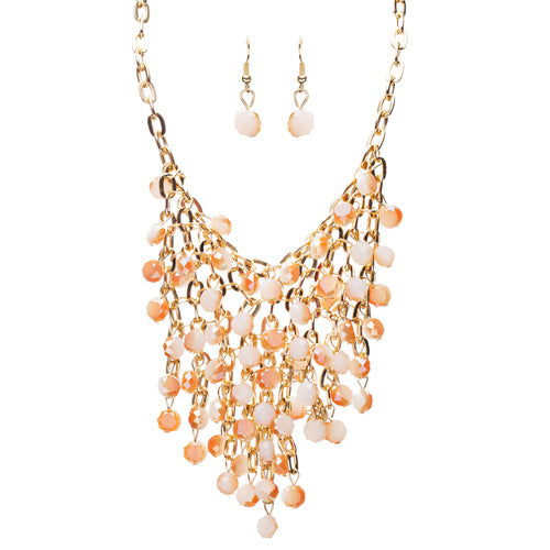 Beautiful Multi Layered Bib Design Bead Stone Statement Necklace Set Pink