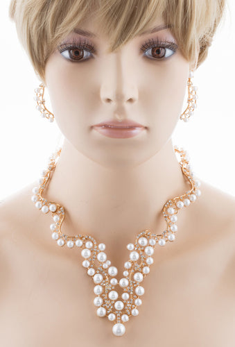 Bridal Wedding Jewelry Set Crystal Pearl Chunky V Drop Swirl Necklace Gold