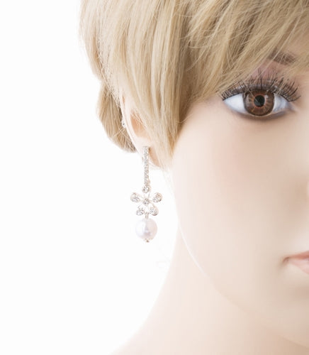 Bridal Wedding Jewelry Crystal Rhinestone Pearl Floral Dangle Earrings E958 SV - Accessoriesforever