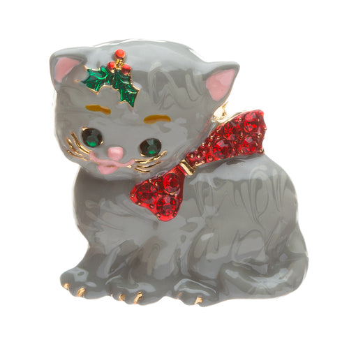 Christmas Jewelry Crystal Rhinestone Adorable Gray Cat Bow Tie Charm Brooch PIn